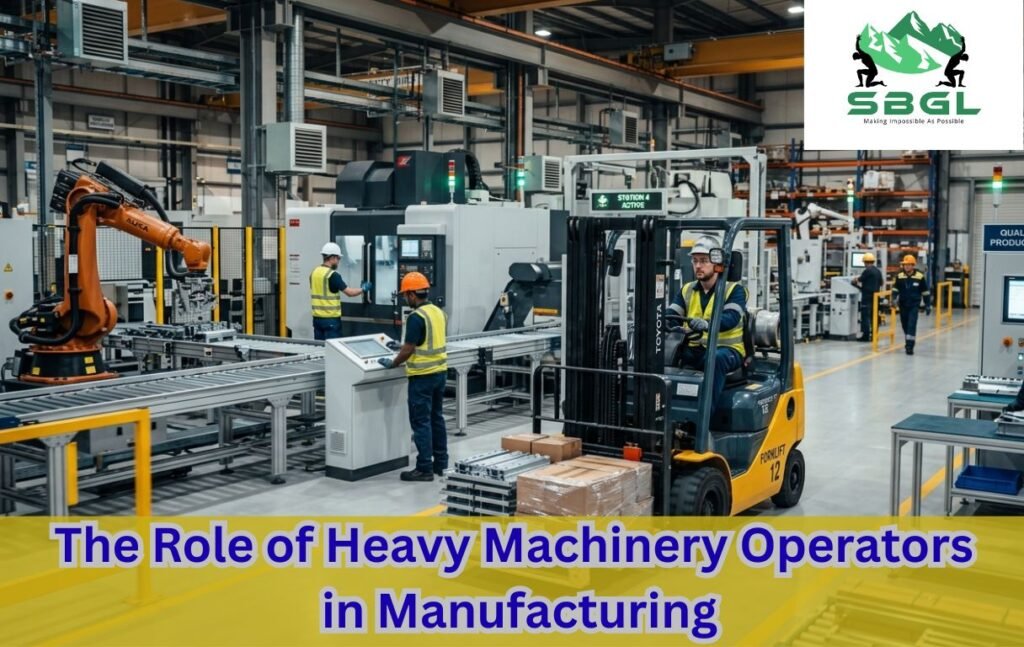 Forklift operator moving materials in a modern factory with robotic machinery and workers.