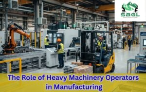 Forklift operator moving materials in a modern factory with robotic machinery and workers.