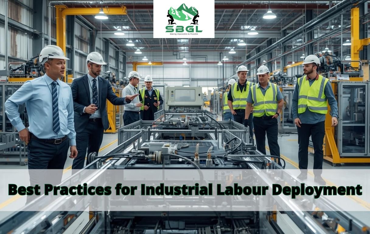 Industrial workers managing labour tasks in a factory.