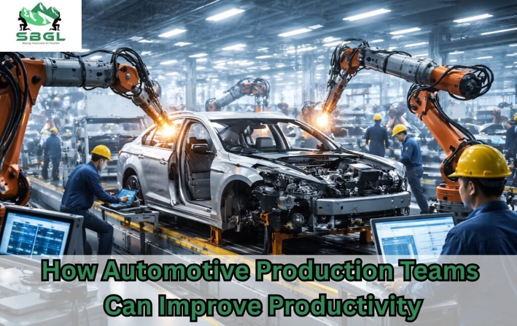 Robotic arms assembling a car on a modern automotive factory line with engineers monitoring production systems