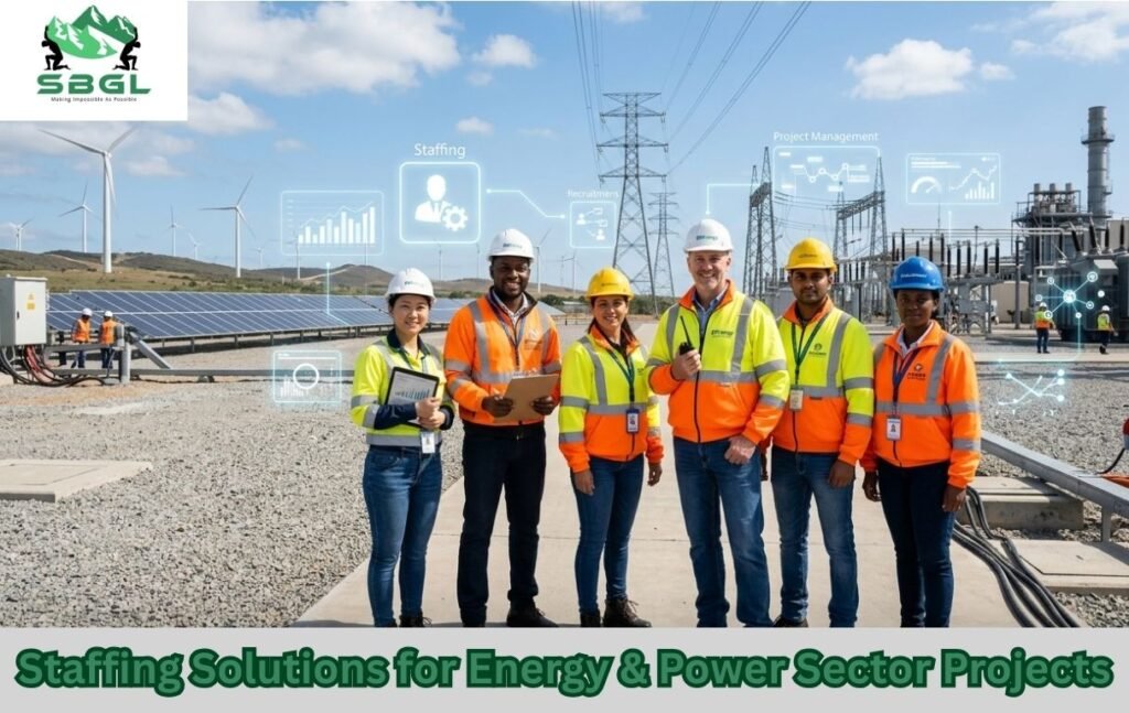 Engineers and technicians in safety gear standing at a modern energy plant with solar panels, wind turbines, and power lines, representing staffing solutions in the energy sector.