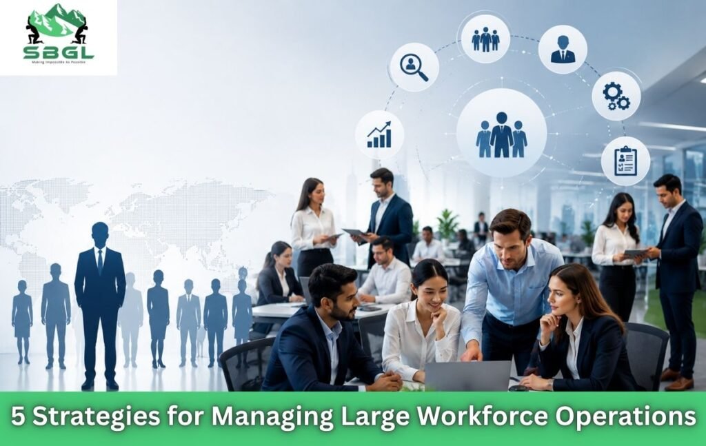 Professional manpower and workforce management team collaborating in a modern office with digital workforce analytics and employee management technology.